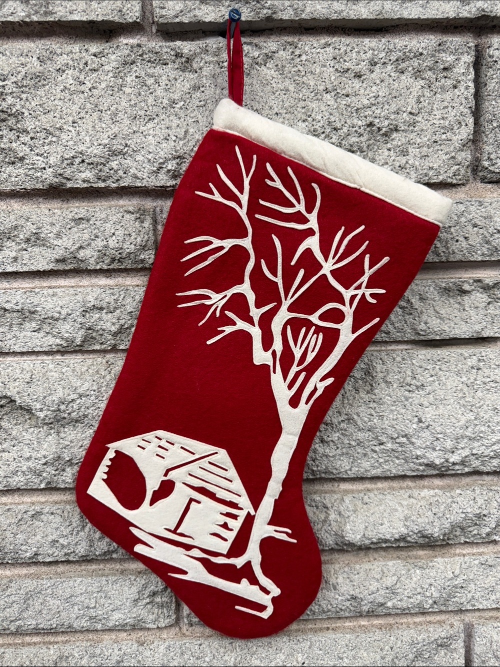 Vintage Holiday Joy Red and Cream Holiday Stocking with Cabin & Tree Applique